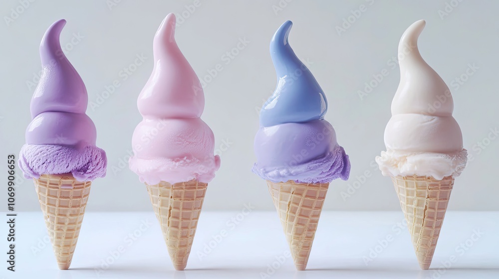 Poster colorful pastel ice cream cones displayed on a minimalistic backdrop generative ai