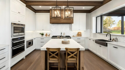 Modern kitchen with white cabinets, a large island with two stools, hardwood floors, and a farmhouse sink.
