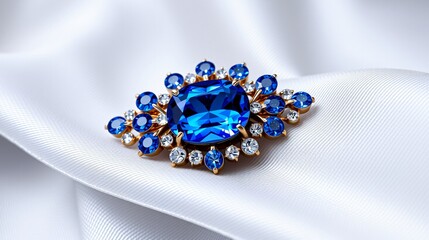 Sparkling Blue Sapphire Oval Brooch on Silk