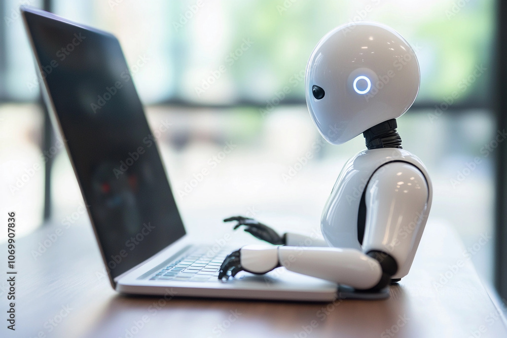 Poster A robot using a laptop in a modern workspace setting