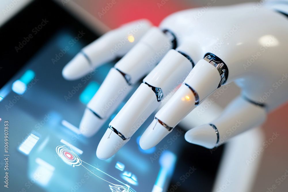 Poster Robotic hand interacting with a digital touchscreen interface