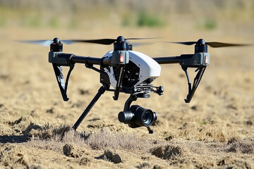 Drone equipped with camera hovering over dry landscape