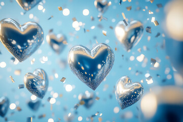 Fototapeta premium A vivid display of silver hearts floating in a blue atmosphere filled with shimmering confetti during a festive celebration