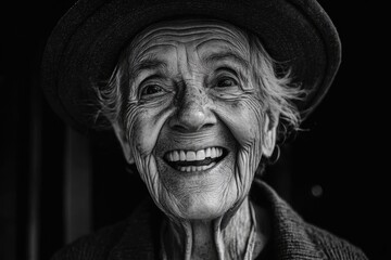 Joyful portrait of elderly man smiling in black and white photography © cherreshnya