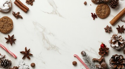 Christmas baking bottom border with cookies, peppermints and spices. Top view over a white marble background with copy space. Holiday baking concept.
