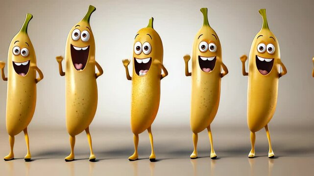 Five happy bananas are dancing in a line against a light gray background