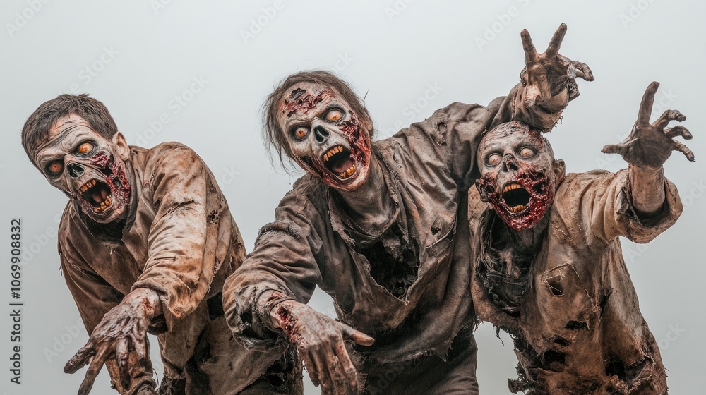 Poster horrifying zombies emerging from darkness in a deserted urban setting generative ai