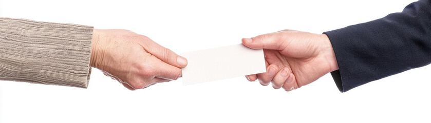 Two hands exchanging a blank card, symbolizing communication or networking opportunities.