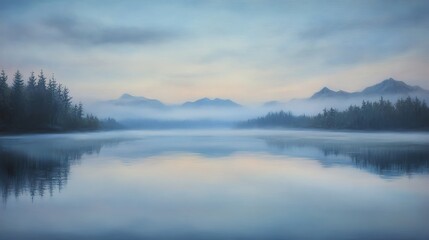 A serene lake enveloped in early morning fog