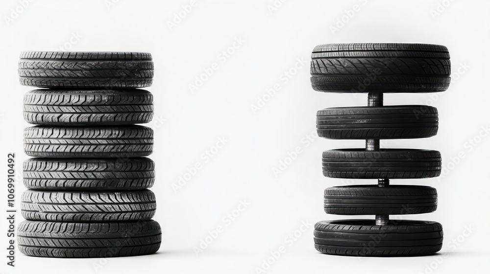 Poster stacks of new tires in a display for automotive services and sales generative ai