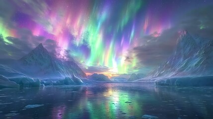 Fototapeta premium An ethereal Arctic landscape with glaciers and icebergs glowing under the Northern Lights