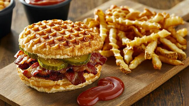 A waffle sandwich with bacon, pickle, and a side of fries is ready to be eaten