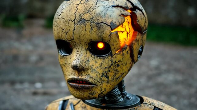 A cracked, weathered robot with glowing eyes looks forward, its metallic body showing signs of wear and tear