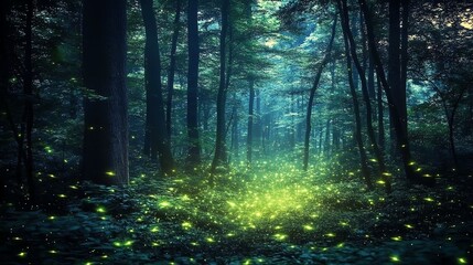 Obraz premium A dark forest alive with countless fireflies glowing in soft green light