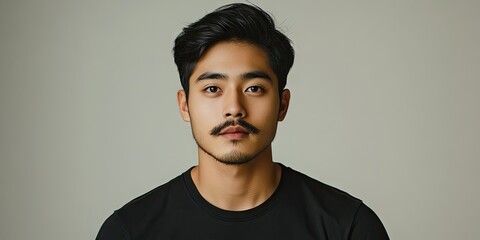 Fototapeta premium The image features a good looking young Asian man sporting a moustache while dressed in a simple black t shirt. This portrait showcases his appealing appearance.