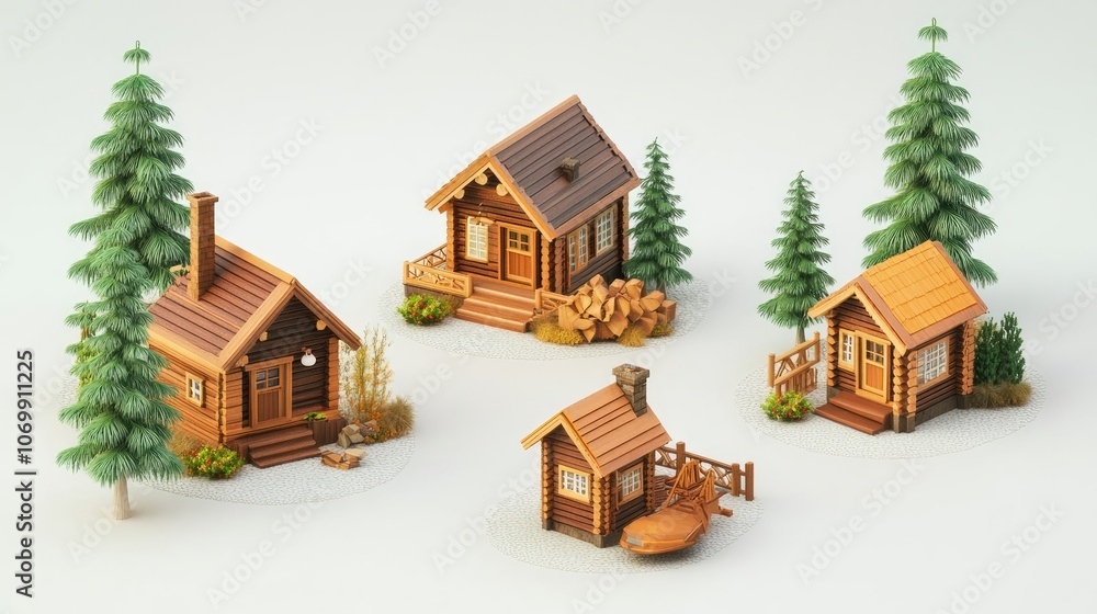 Aufkleber minimalist houses amidst trees in a calm setting generative ai