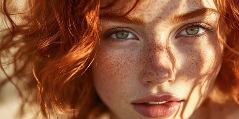 A close up image featuring a woman with fair skin and striking red hair highlights her features in detail, showcasing her unique complexion and vibrant hair color.