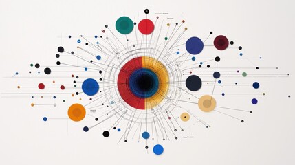An abstract visual featuring a central dark circle surrounded by colorful dots and lines radiating outward, creating a dynamic and vibrant composition.