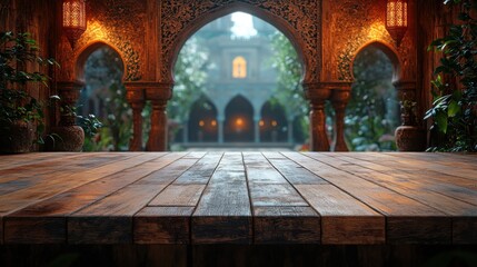 Wooden Board Displaying Empty Table and Ramadan Kareem Background Ideal for Festive Celebrations and Promotions