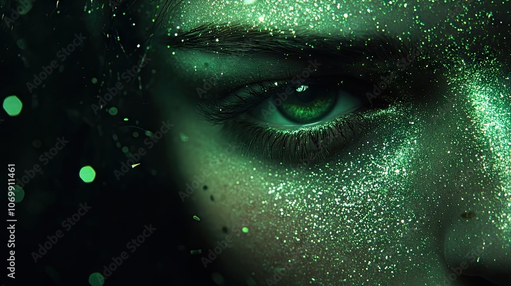 Poster stunning emerald green glitter explosion creates a hyper-realistic scene against a dark backdrop, en