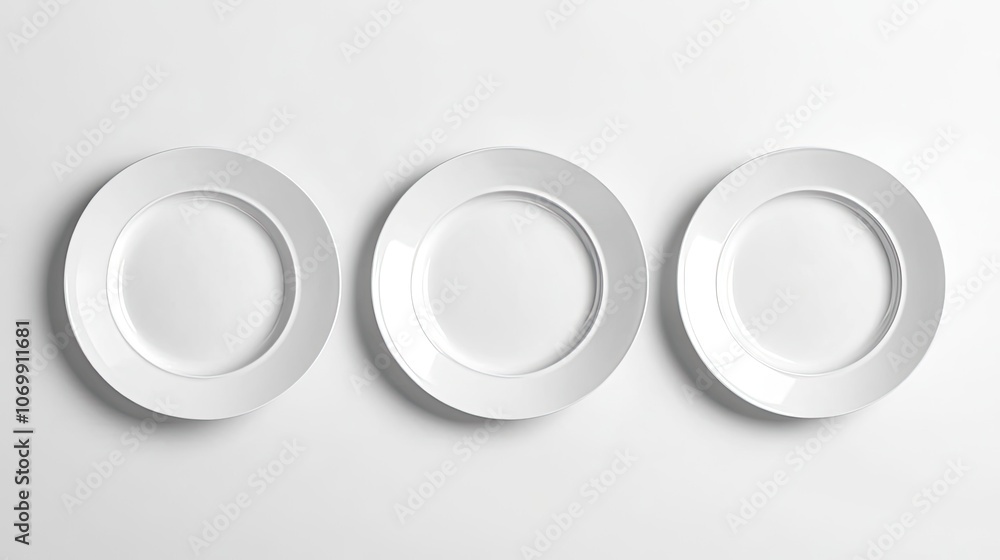 Aufkleber three white plates arranged neatly on a clean minimalistic surface generative ai