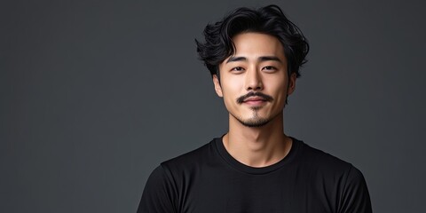 Obraz premium The image features a good looking young Asian man sporting a moustache while dressed in a simple black t shirt. This portrait showcases his appealing appearance.