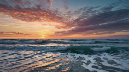 Fototapeta premium Vibrant Sunset Over Rolling Ocean Waves
