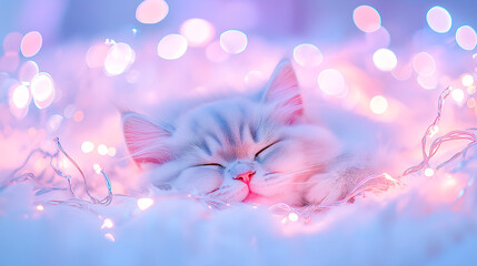 two lovely kittens in a surreal nest, lights nearby and pastel background, atmosphere of coziness, warmth and love.  high detail
