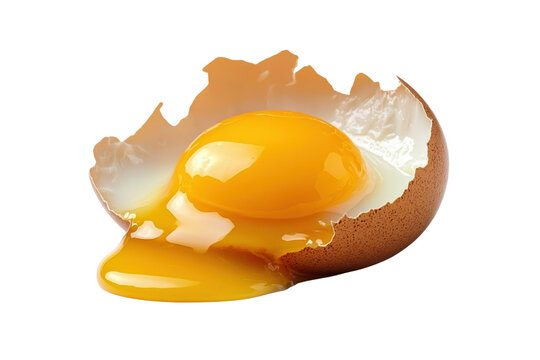 broken eggshell with raw egg yolk and white spilling out, showcasing freshness and culinary potential