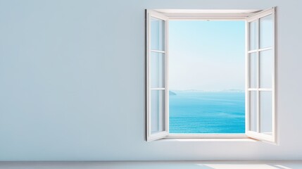 A serene view from an open window overlooking a calm sea, inviting fresh air and natural light into the room.