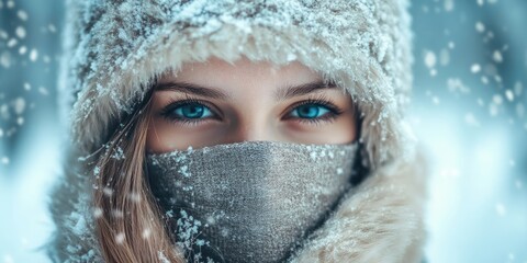 A young lady wearing a protective mask to shield herself from the chilly winter weather. The mask serves to keep her warm while defending against the cold.