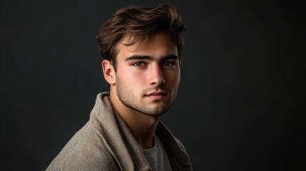 Fototapeta premium Stylish and smart, this confident portrait captures a handsome young man in a studio setting. The photo highlights his charm and charisma, perfect for any creative project.