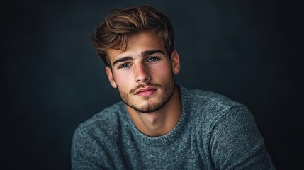 Obraz premium Stylish and smart, this confident portrait captures a handsome young man in a studio setting. The photo highlights his charm and charisma, perfect for any creative project.