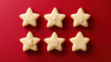 Festive Christmas Cookies Shaped as Stars and Trees on Red Background