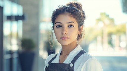 Stylish young Hispanic housemaid stands elegantly in front of a modern hotel, creating a perfect scene that emphasizes the housemaids professionalism. Ample copy space available.