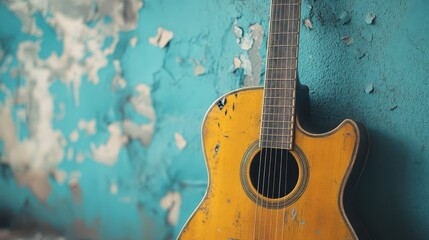 Obraz premium A vintage acoustic guitar rests against a textured blue wall, showcasing its unique character and weathered beauty.