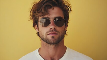 Fototapeta premium Portrait of a handsome young man with stylish hair and beard, wearing sunglasses, exuding confidence and charm. Ideal for lifestyle themes, with copy space for text.
