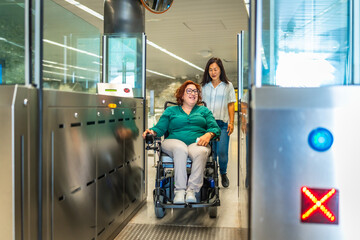 Woman in a wheelchair and caregiver exiting the metro doors