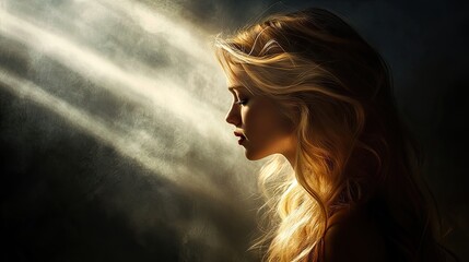 Silhouette portrait of a teenage girl with wavy blonde hair illuminated by sun rays, enhanced with a dramatic filter. The teenage girl is ideal for various creative projects with ample copy space.