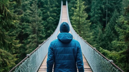 A serene landscape view featuring a person on a suspension bridge surrounded by lush green forest, evoking adventure and tranquility.
