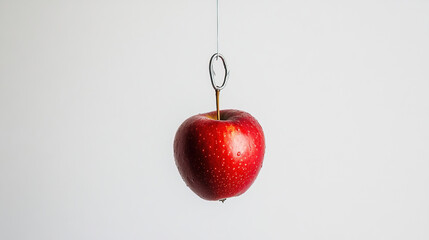 Obraz premium photography of hanging red apple on a white background