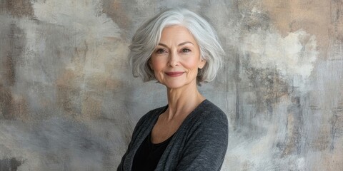 A graceful older woman with silver hair is positioned in front of a simple, neutral backdrop, emphasizing her elegance and poise against the understated setting.