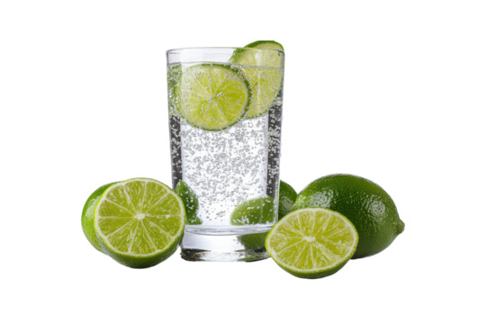Refreshing lime slices in sparkling water, perfect for summer drink. Enjoy vibrant green color and fizzy bubbles that enhance flavor