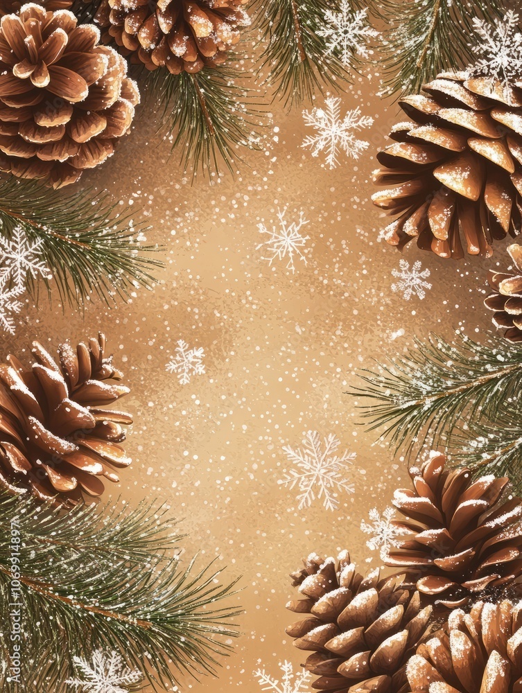 Wall mural festive winter background with pine cones and snowflakes, creating an enchanting atmosphere for chri