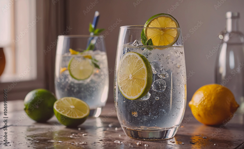 Poster two glasses of water with lime slices and ice cubes