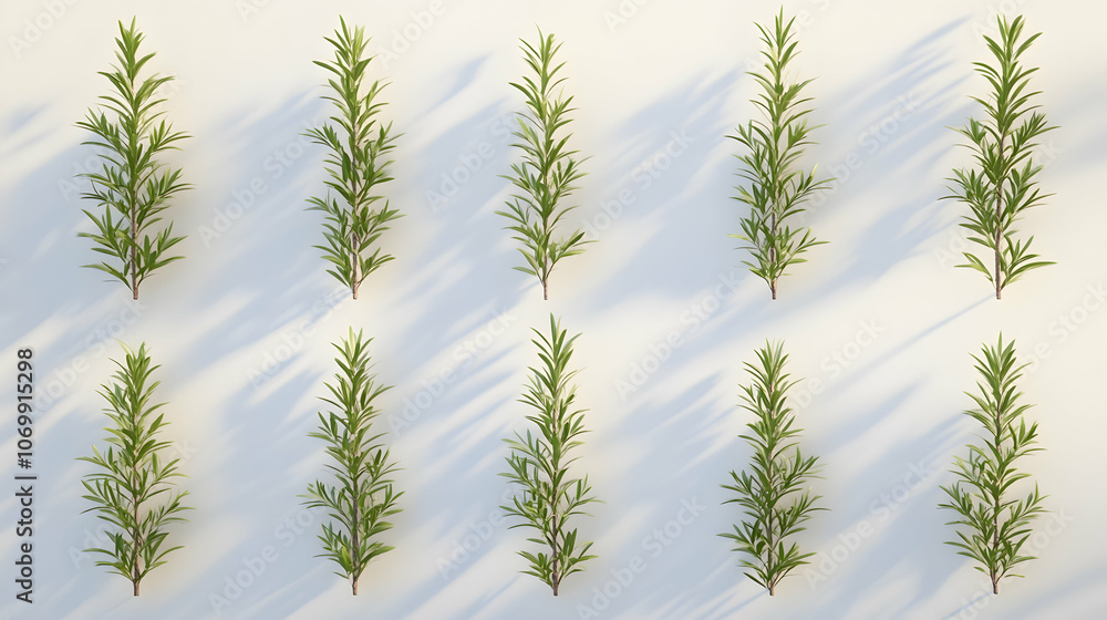 Wall mural nine sprigs of rosemary arranged in rows against a white background with long shadows.