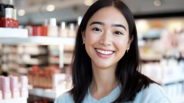 Smiling young woman shopping for cosmetics in a store