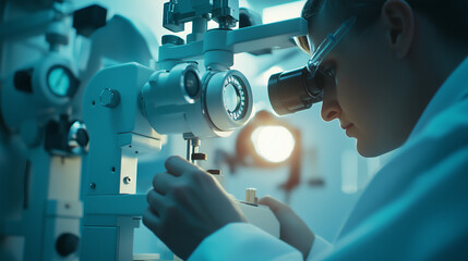 Professional optometrist adjusting a lens machine for an eye test