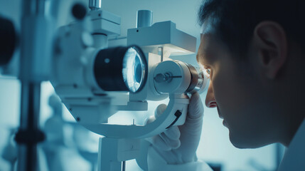 Professional optometrist adjusting a lens machine for an eye test