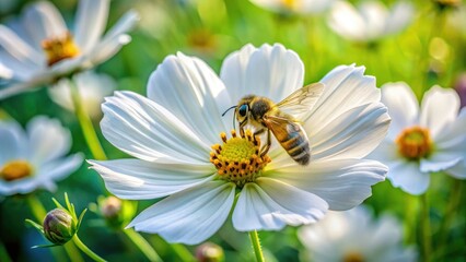 Closeup of a Bee Pollinating White Cosmos Snowpuff Flower in Summer &acirc;&euro;&ldquo; Nature's Beauty, Pollination, Insects, Macro Photography, Floral Wonders, Summer Vibes, Eco-Friendly Gardens